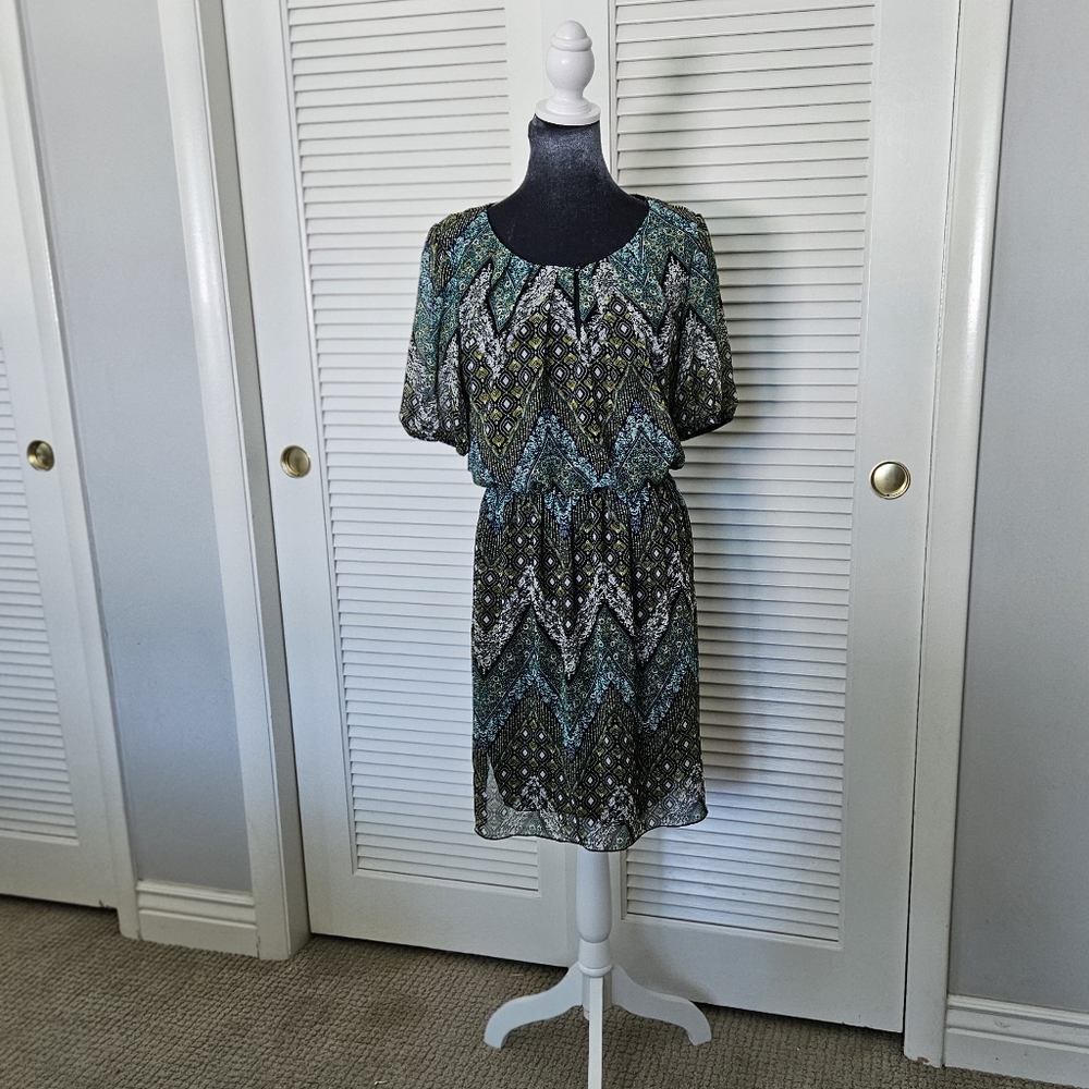 Enfocus Studio colorful abstract print dress elastic waist Soft Polyester sz 8